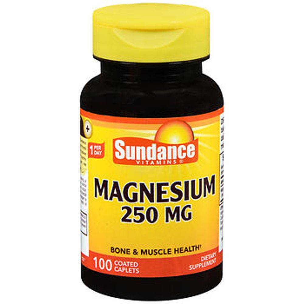 Sundance Vitamins Magnesium 250 mg tablets in a bottle, dietary supplement for muscle and nerve support.