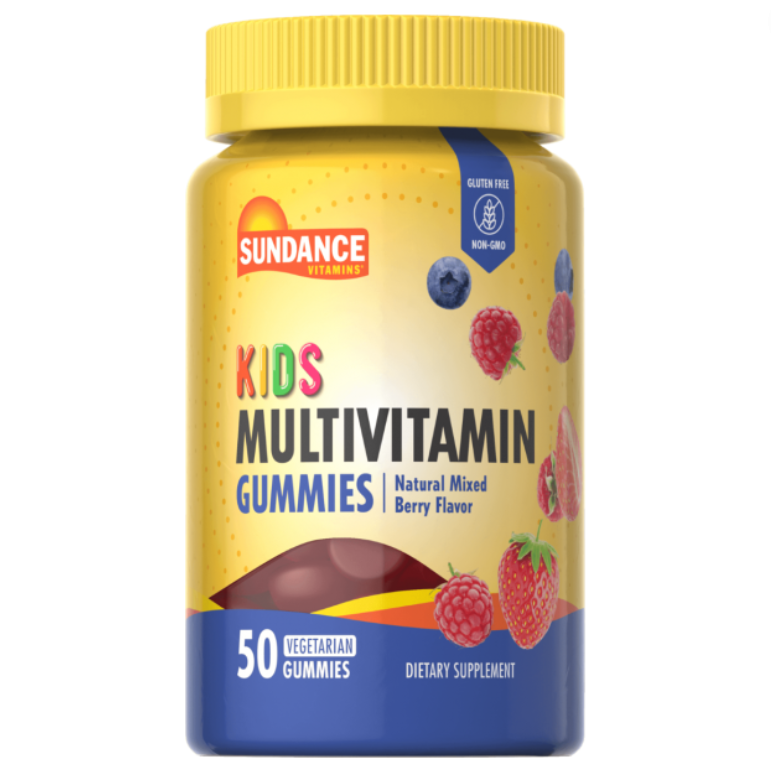 Sundance Vitamins Multivitamin kids gummies with red fruit flavor, in a colorful bottle, designed for children's nutritional support.