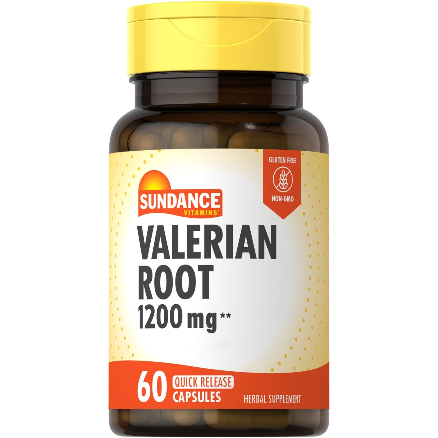 Sundance Vitamins Valerian Root 1200 Mg capsules, dietary supplement, in a bottle with label showing product details.