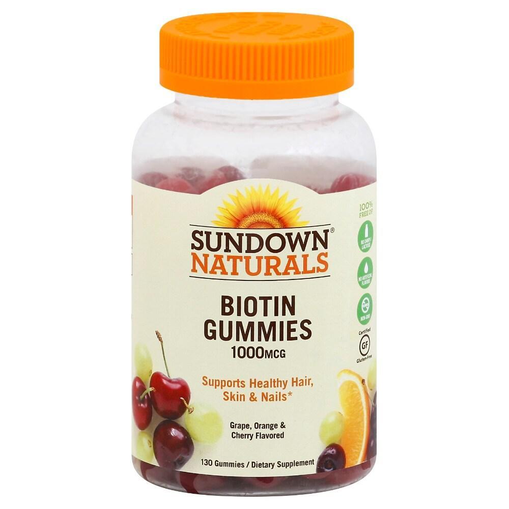 Sundown Naturals Biotin Gummies in grape, orange, cherry flavors, 1000 mcg, vitamin supplement for hair and skin health