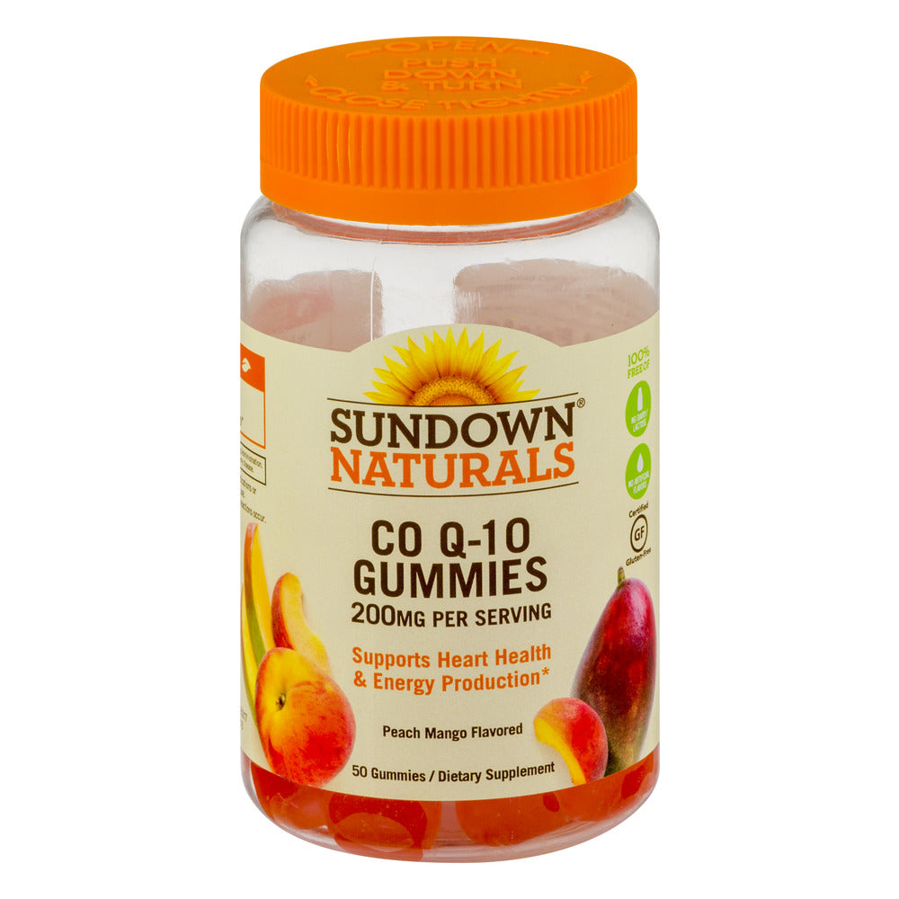 Sundown Naturals Co Q-10 200 Mg gummies in peach mango flavor, dietary supplement for energy and heart health.