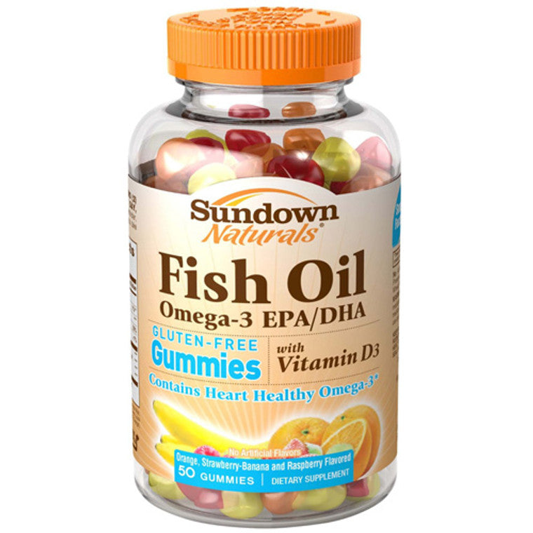 Sundown Naturals Fish Oil Omega-3 Gummies with Vitamin D3 in a bottle, supplement vitamins and omega-3s for overall health.