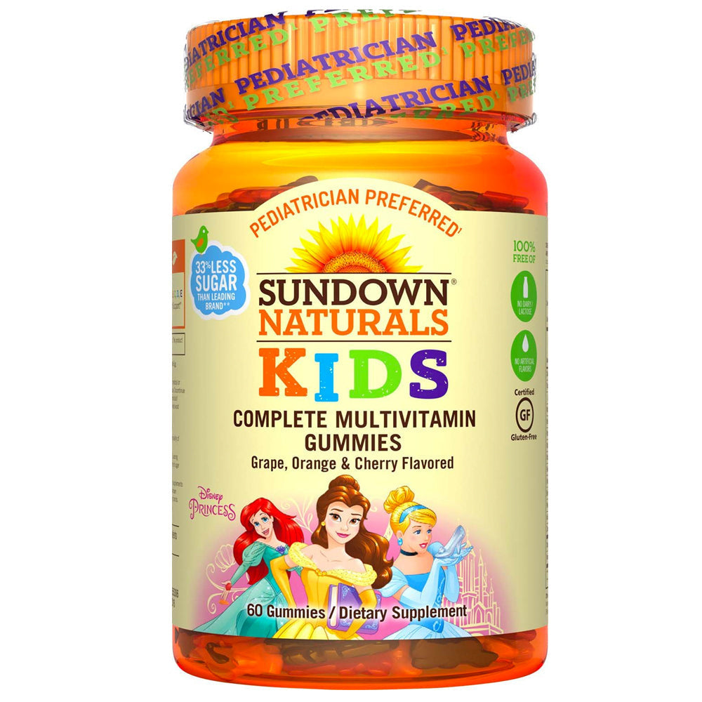 Disney Princess gummies for kids, Sundown Naturals multivitamin supplement in colorful gummy form, designed for children's health.