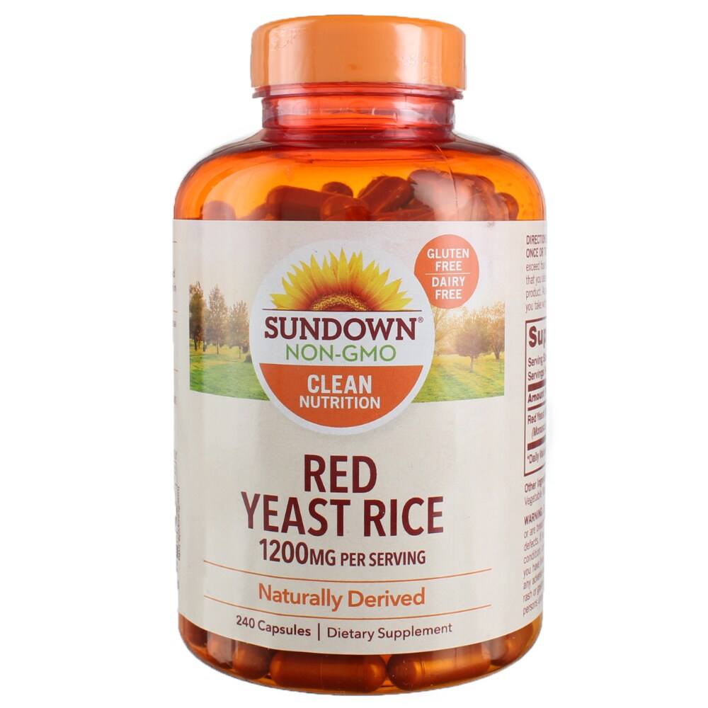 Red Yeast Rice capsules by Sundown Naturals, 1200 mg, in clear gelatin capsules, displayed in a supplement bottle.