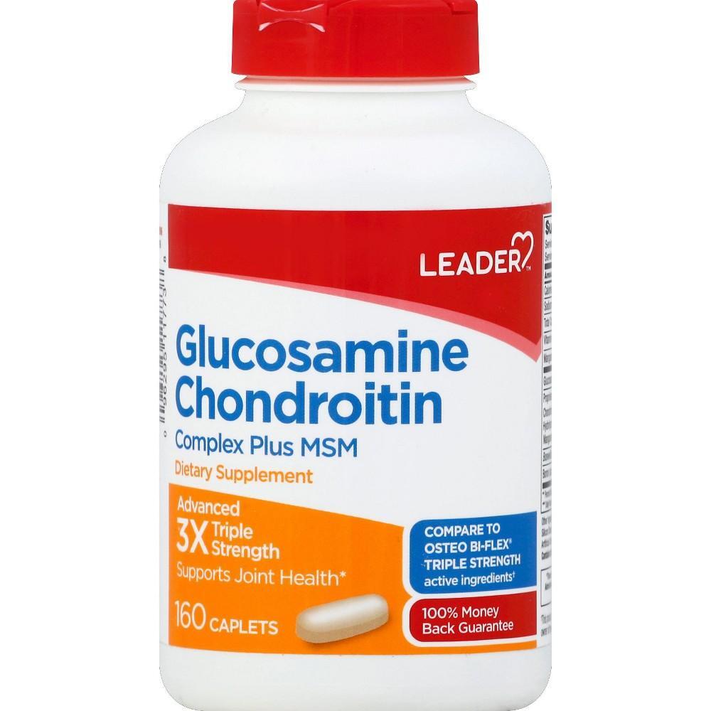 Bottle of The Leader Glucosamine Chondroitin vitamins and supplements by Pasteur Pharmacy, with label visible on the container.