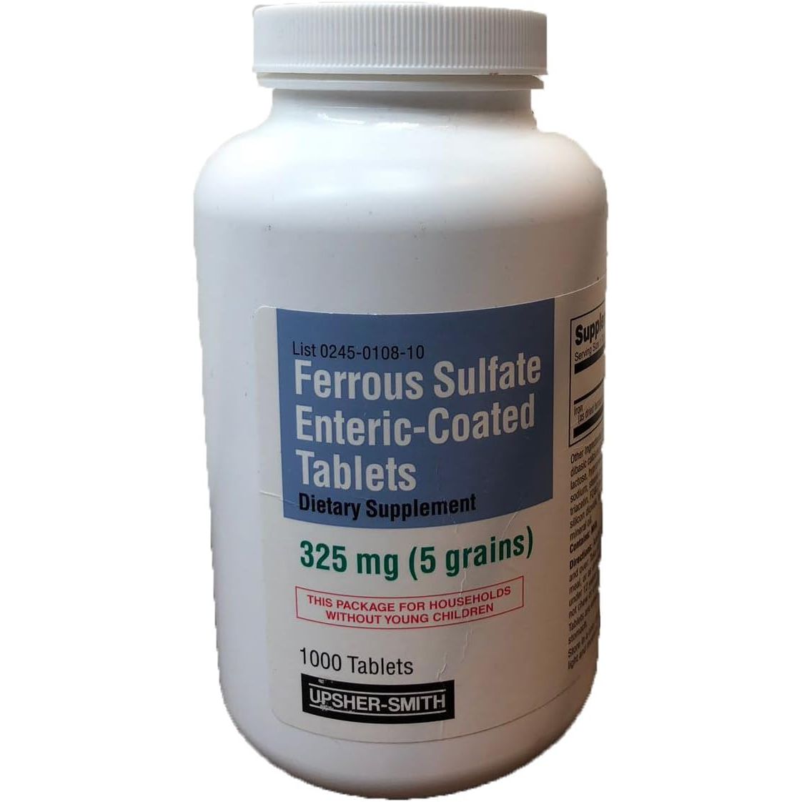 Upsher-Smith Ferrous Sulfate 325 mg enteric-coated tablets, supplement for iron deficiency, 1000 count in vitamin and supplement category