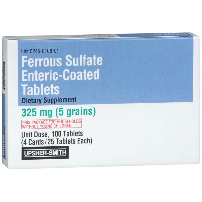 Upsher-Smith Ferrous Sulfate enteric-coated tablets, 325mg, bottle of 100 vitamin and supplement tablets.