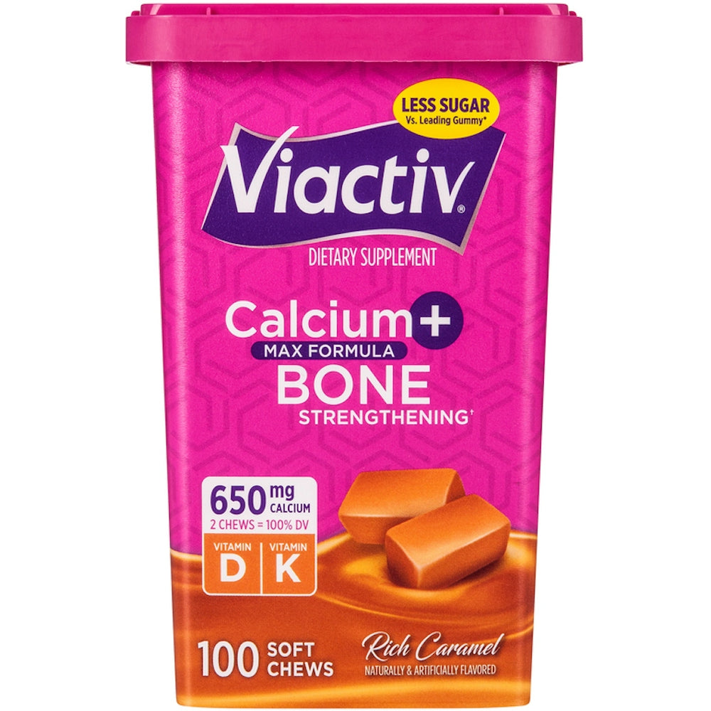 Viactiv Calcium Plus D dietary supplement soft chews in caramel flavor, 100 count, from Pasteur Pharmacy.