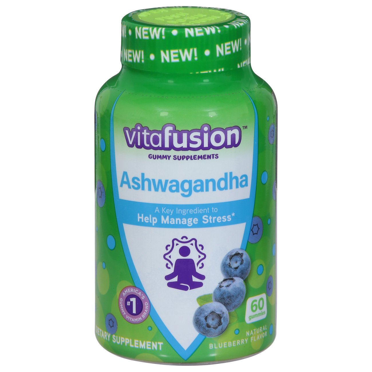 Vitafusion Ashwagandha Gummies for stress relief, natural vitamins and supplements by Pasteur Pharmacy, showing the supplement bottle and gummies.