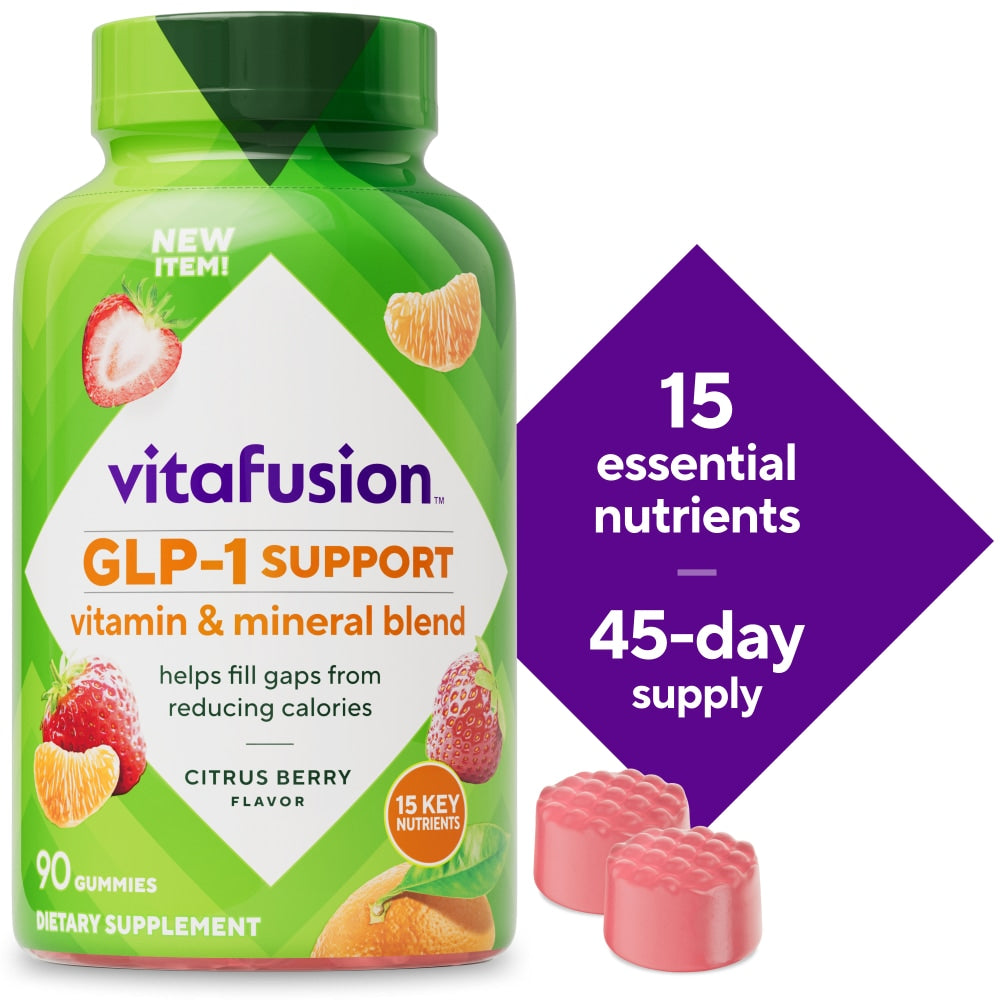 Bottle of Vitafusion GLP-1 vitamins and supplements from Pasteur Pharmacy, showing the label and packaging.