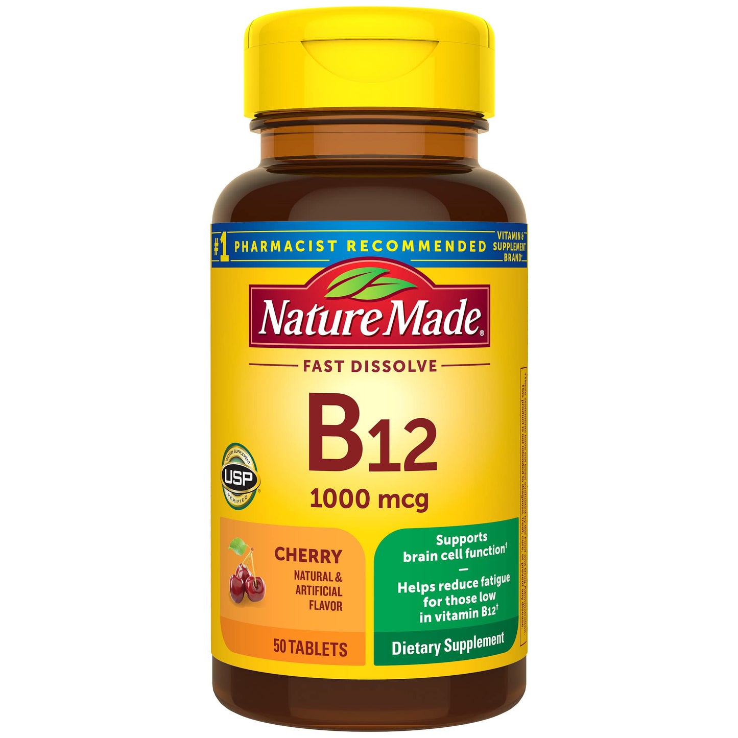 Vitamin B12 Cyanocobalamin 1000 mcg tablets from Pasteur Pharmacy, 50-count bottle of dietary supplement capsules.