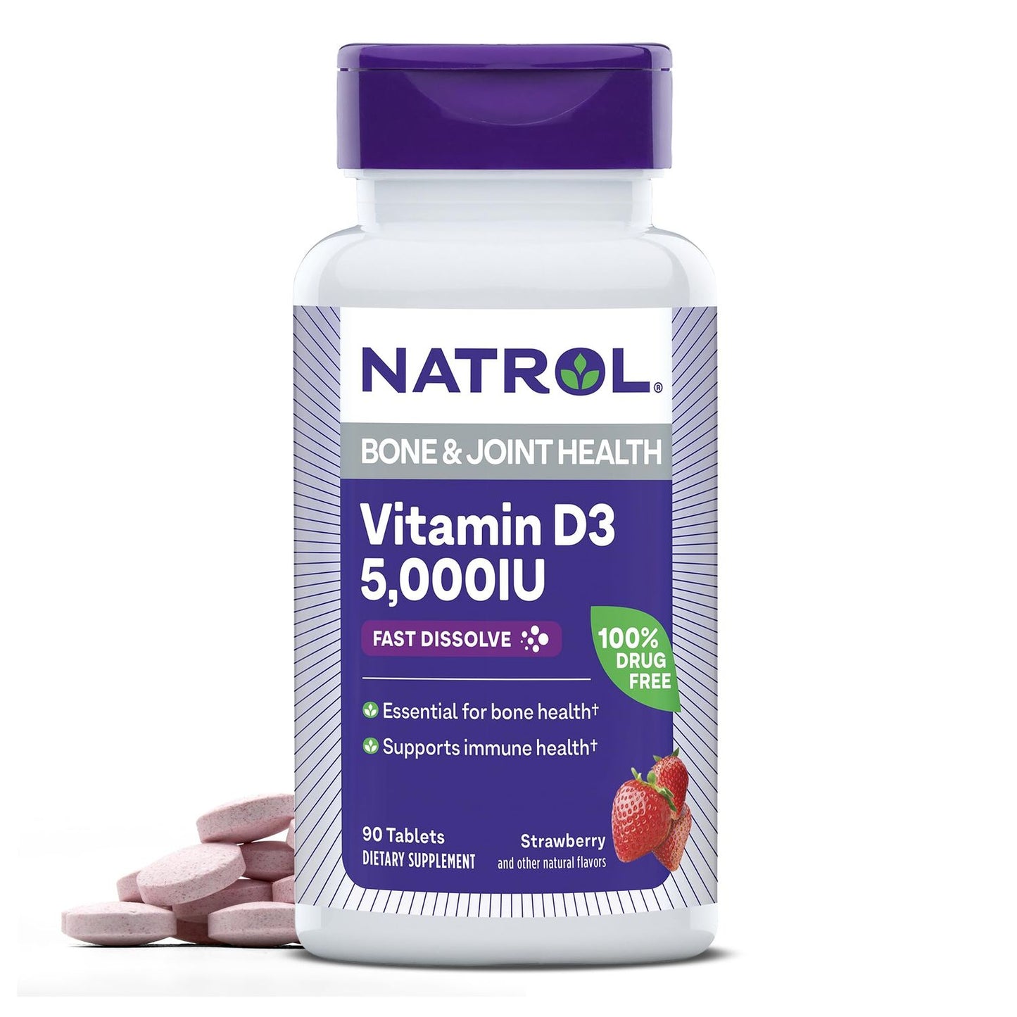 Bottle of Pasteur Pharmacy Vitamin D3 TD 5000 U supplements with strawberry flavor, 90 softgels for immune support and bone health.