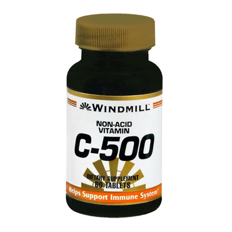 Windmill C-500 mg non-acid tablets from Pasteur Pharmacy, vitamin supplement in a blister pack, with white and orange packaging.