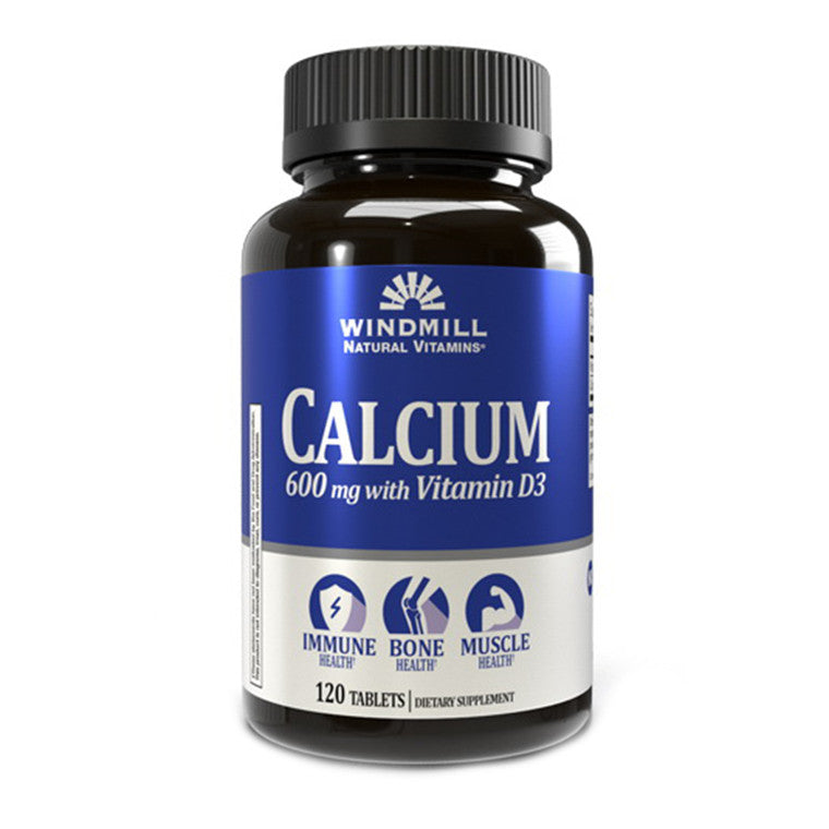 Windmill® Calcium 600 mg with Vitamin D3 supplement bottles, supporting bone health, from Pasteur Pharmacy, 120 tablets.