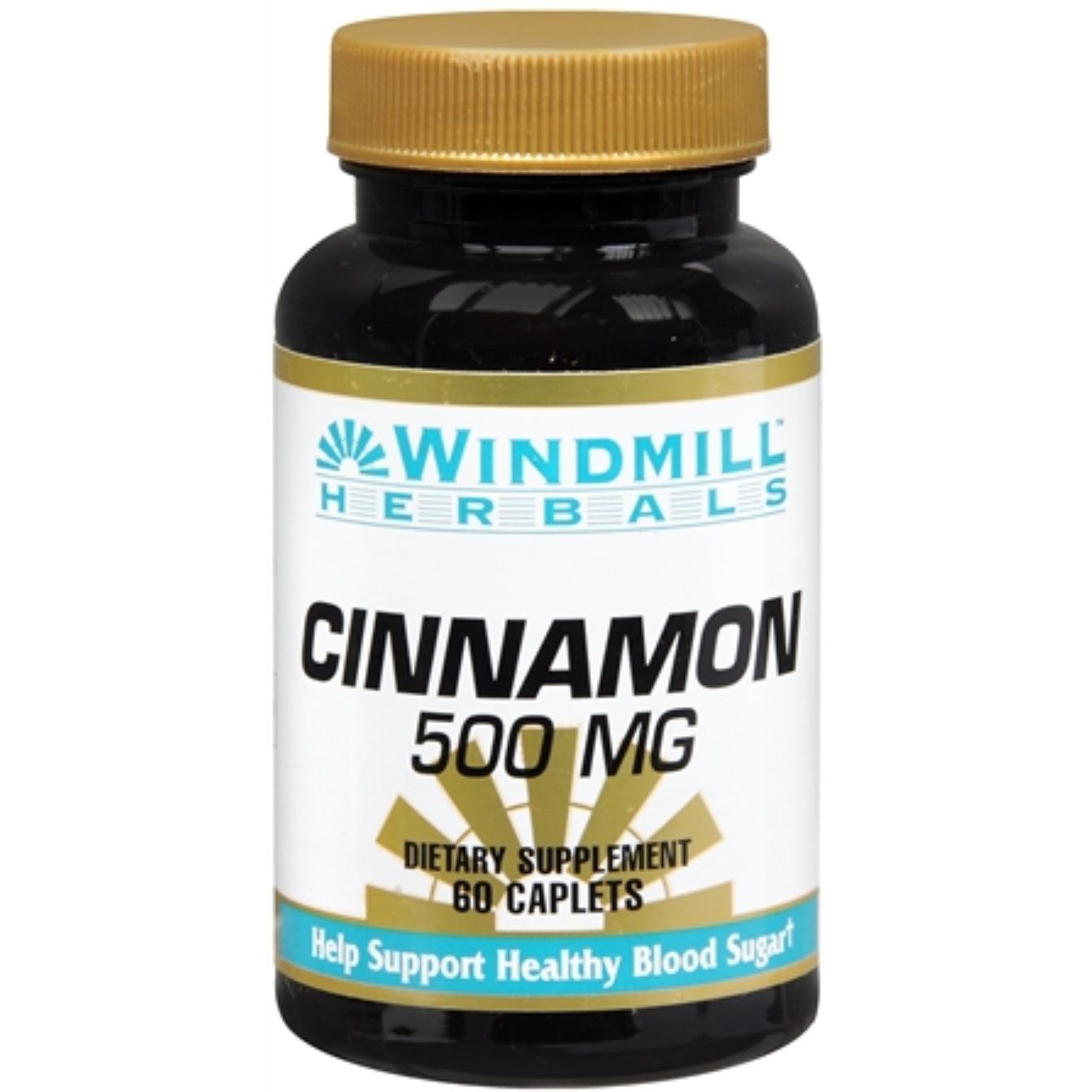 Windmill Cinnamon 500 mg dietary supplement caplets in a bottle, 60-count, from Pasteur Pharmacy, for overall wellness.