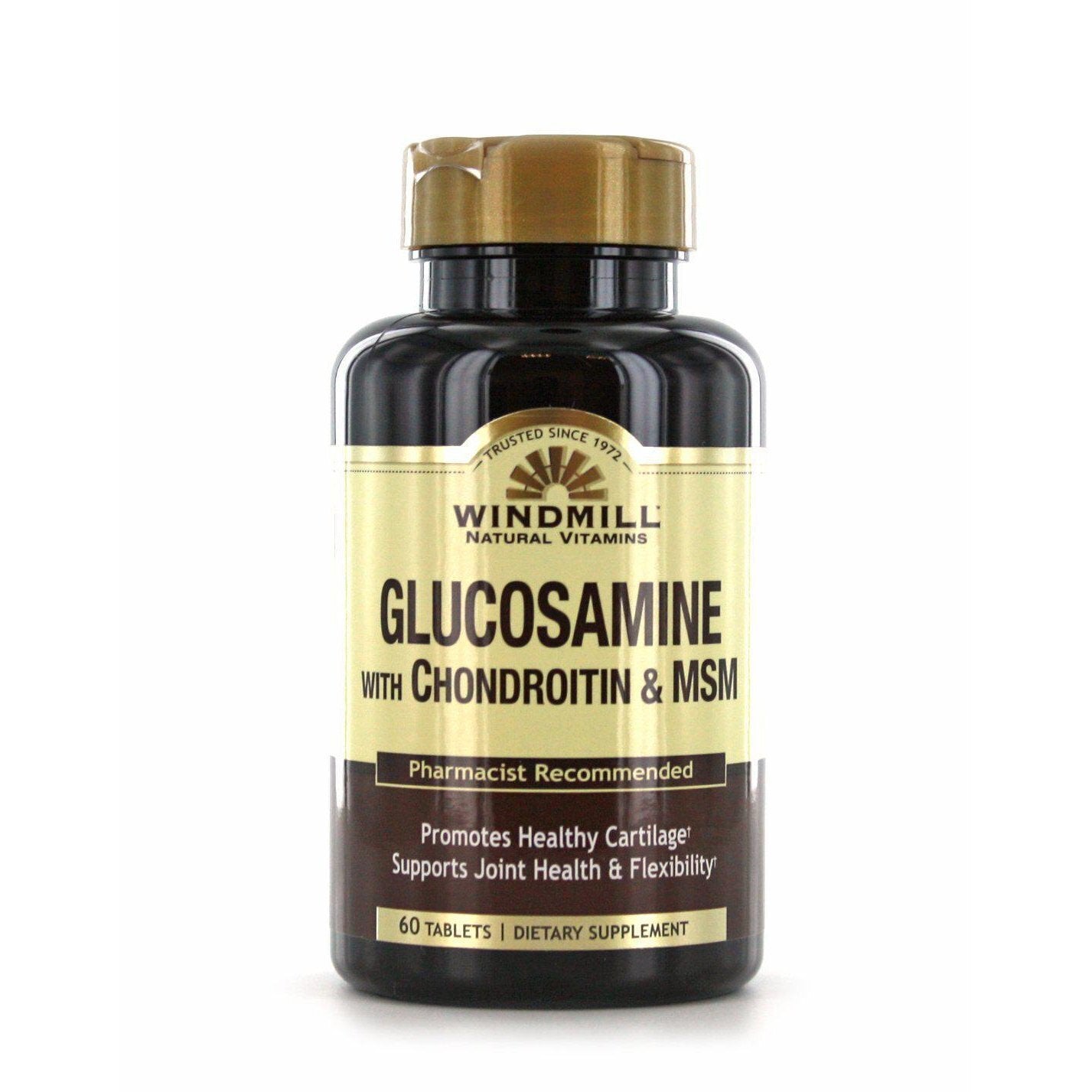 Windmill Health Glucosamine with Chondroitin and MSM supplement bottle, 60 tablets, in a vitamin and supplement container.