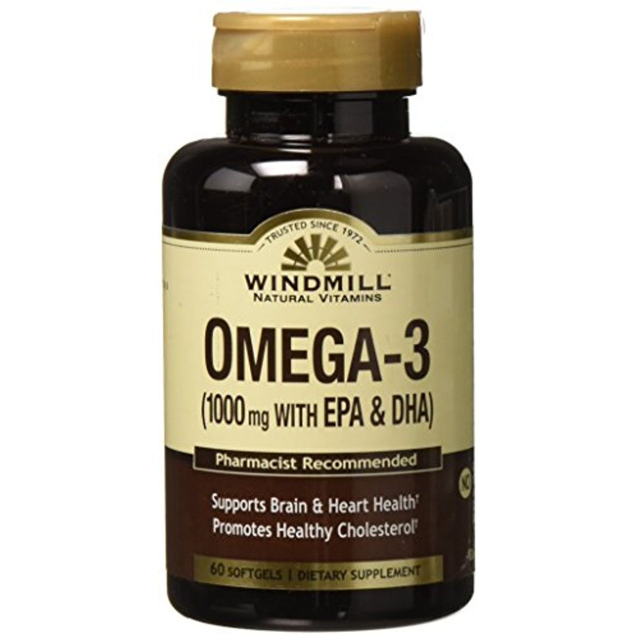 Windmill Natural Omega III Epadha Softgels bottle showing 60 softgel capsules for Omega-3 health supplement by Pasteur Pharmacy