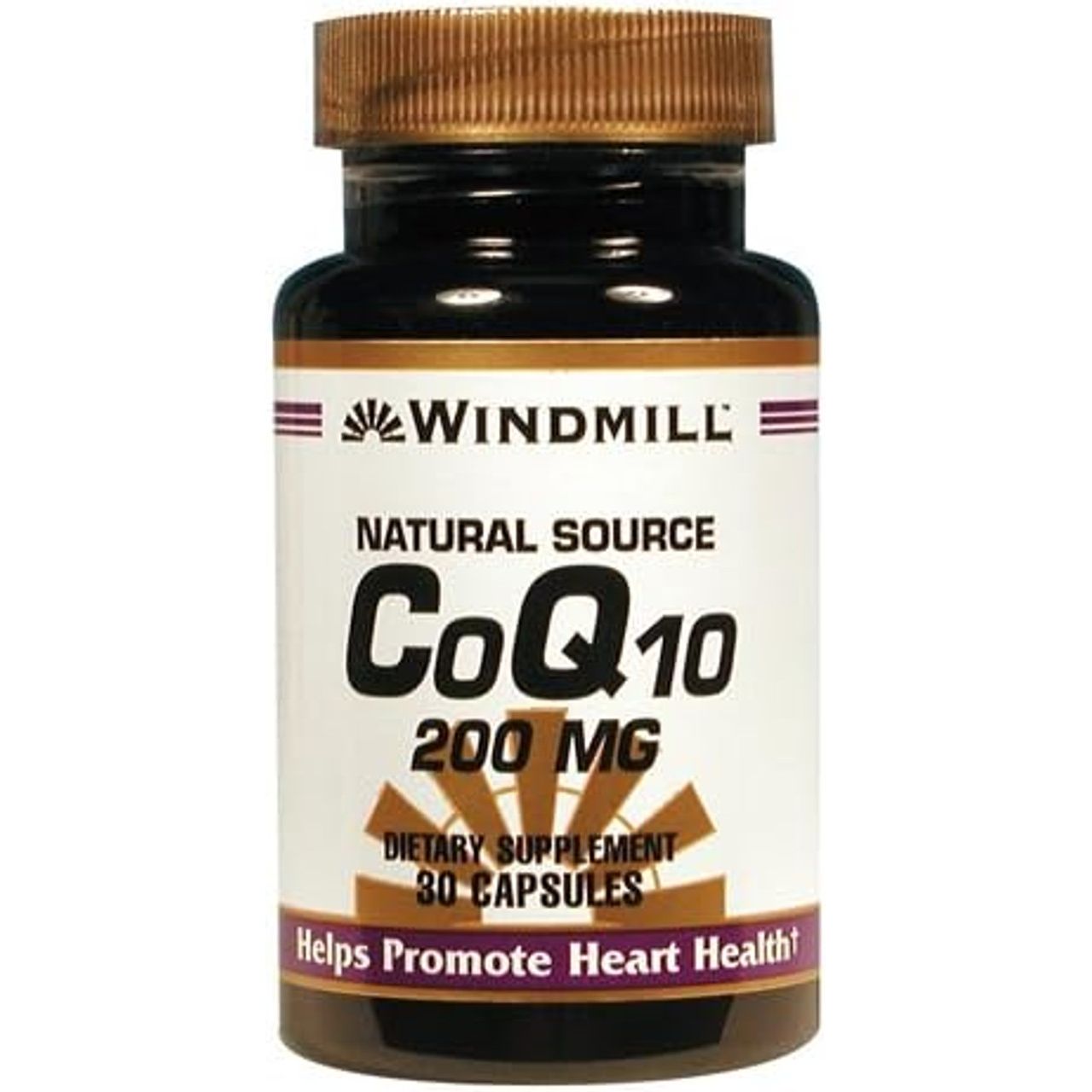 Windmill Natural Source CoQ10 200 mg capsules for cardiovascular health and energy support, shown in a bottle.