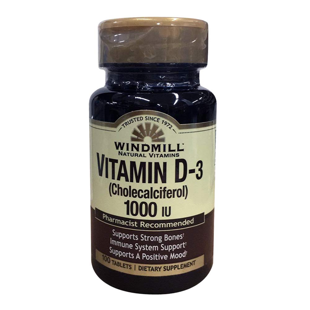 Windmill Natural Vitamin D 1000 tablets in white bottles, dietary supplement for bone health, by Pasteur Pharmacy.