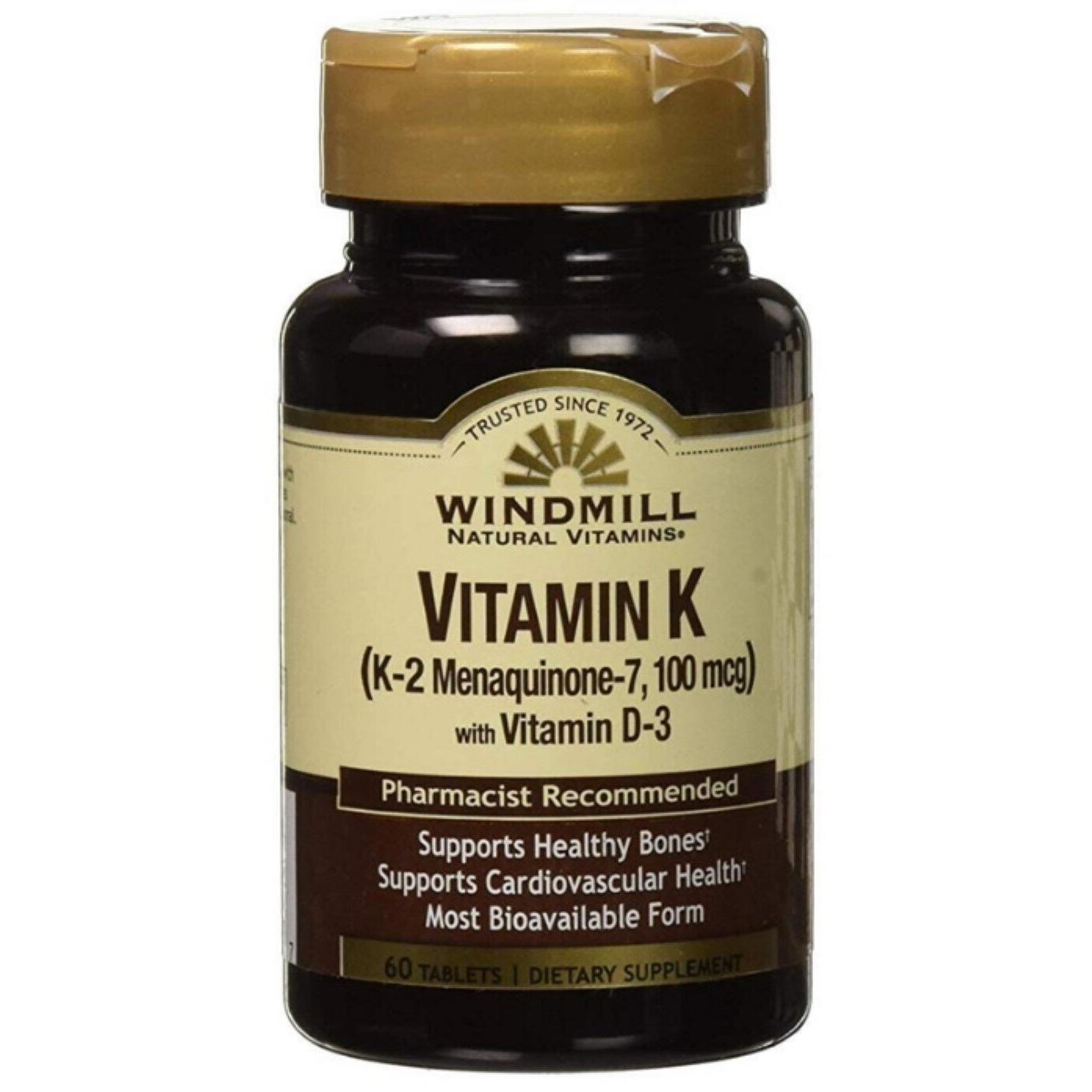 Windmill Natural Vitamins Vitamin K tablets in a bottle, dietary supplement from Pasteur Pharmacy for bone health and blood clotting.