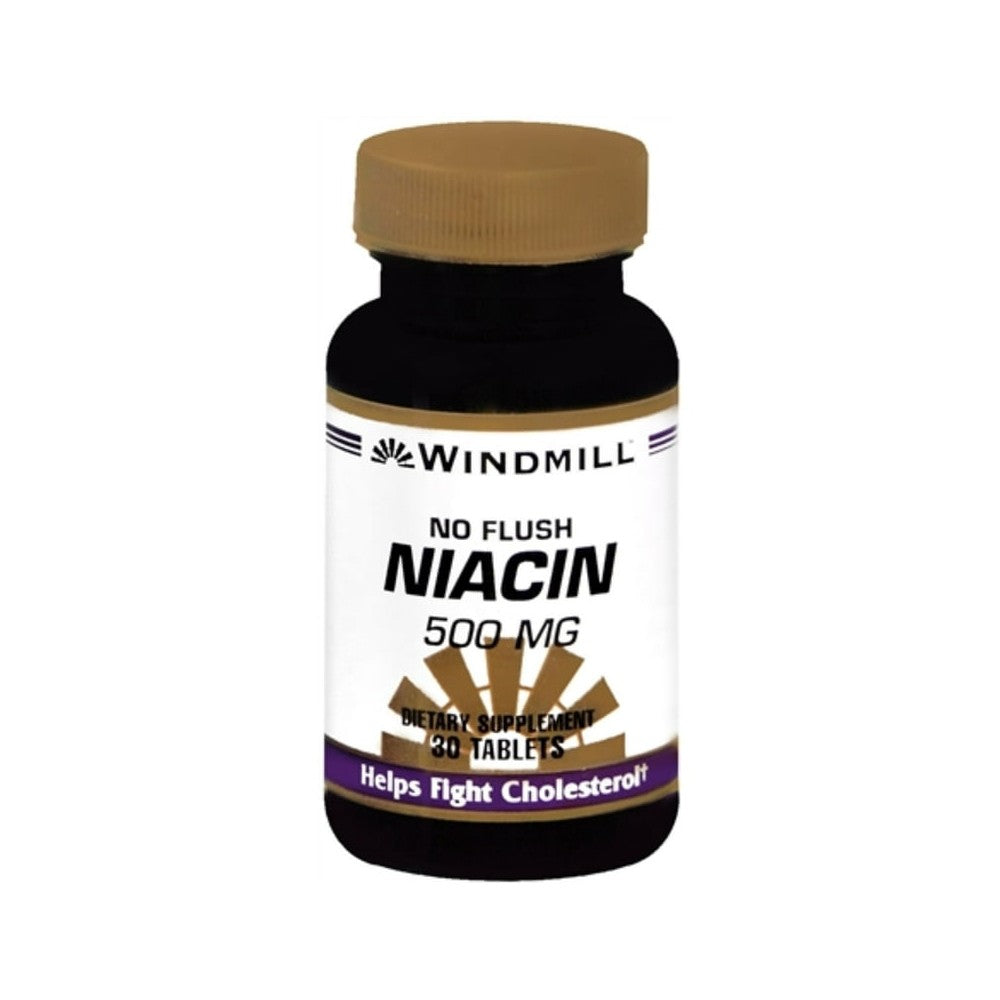Bottle of Windmill Niacin No-Flush 500mg vitamins and supplements with 60 capsules from Pasteur Pharmacy.