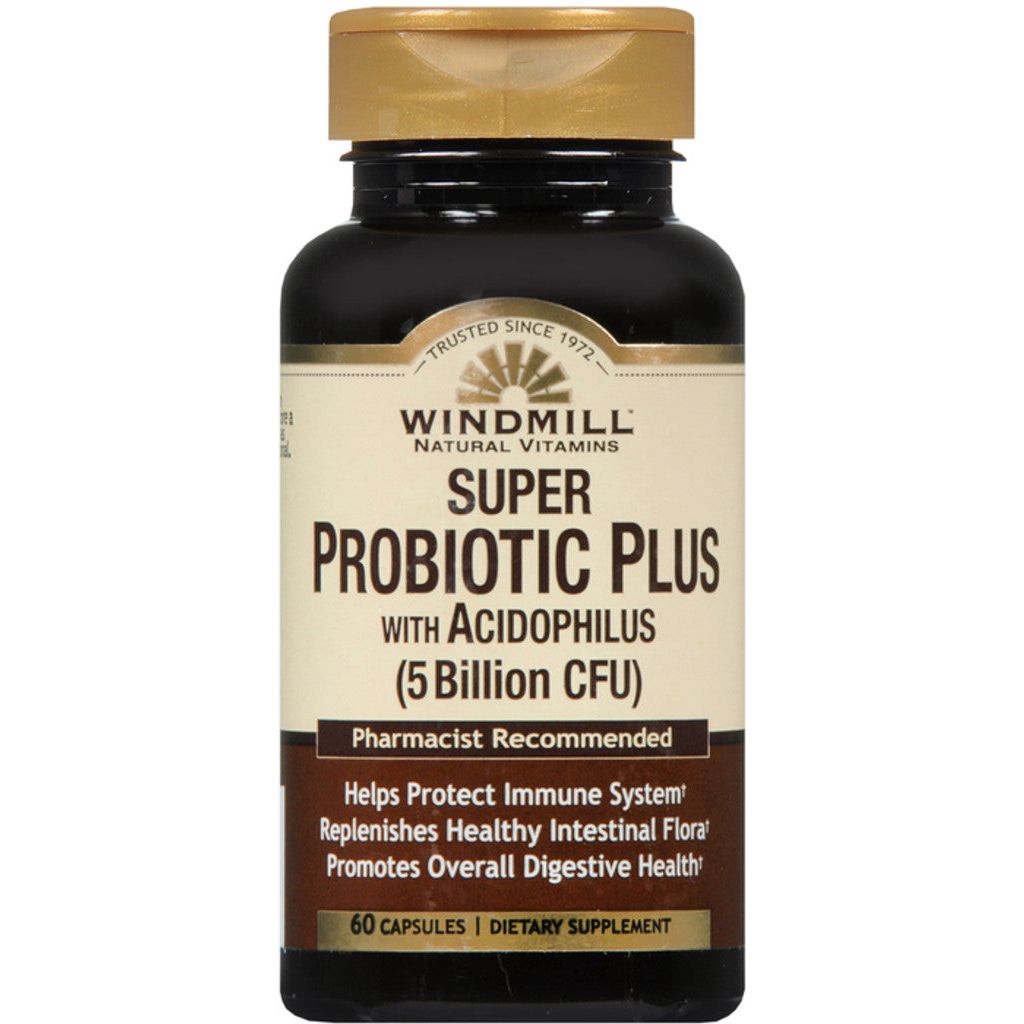 Windmill Super Probiotic Plus bottle showing 60 vegetable capsules, 8-strain probiotic complex for digestive health.