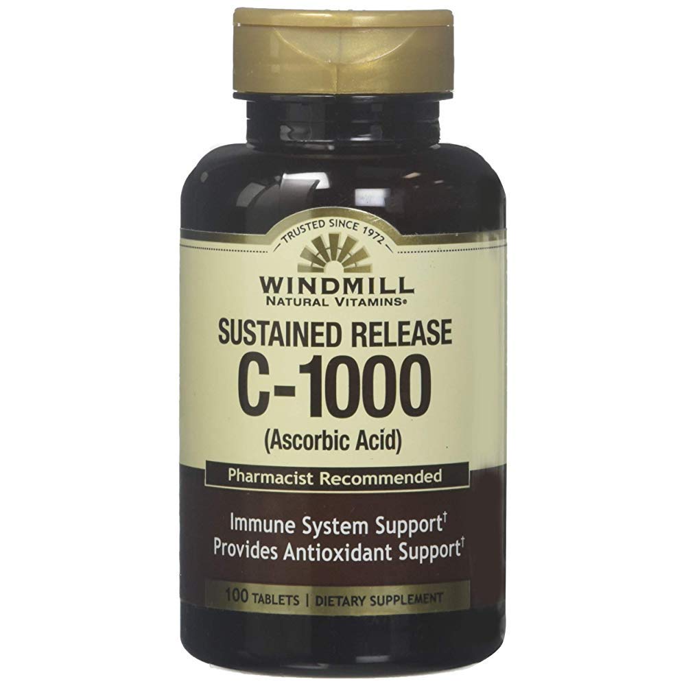 Bottle of Windmill Sustained Release Vitamin C-1000 supplements by Pasteur Pharmacy, featuring orange-flavored tablets in a clear container.