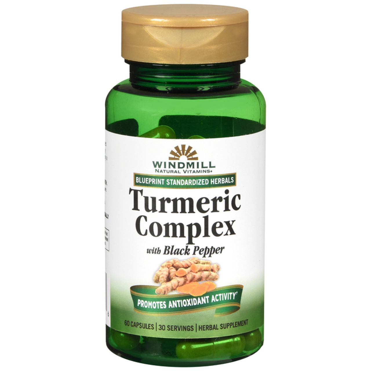 Windmill Turmeric Complex 1500 Mg capsules with black pepper, dietary supplement for joint and immune support.