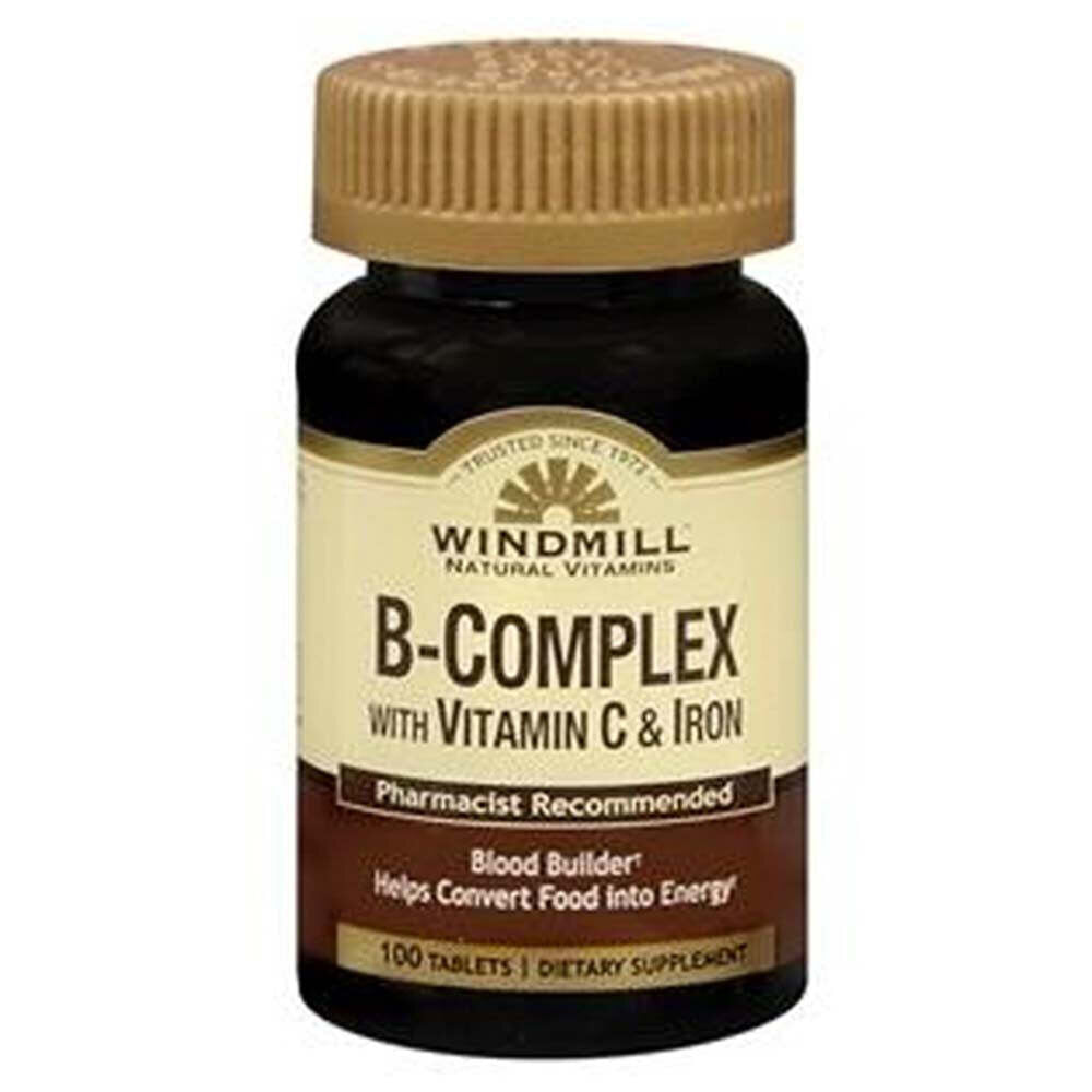 Windmill Vitamin B-Complex supplement with Vitamin C and Iron in a bottle of 100 tablets, supporting energy and vitality.