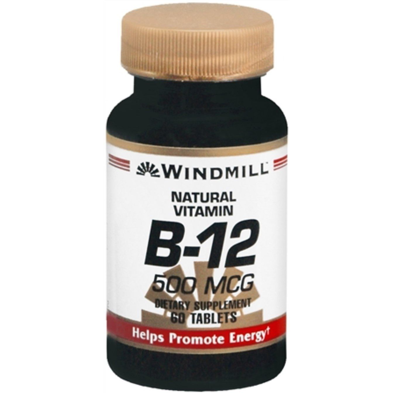 Windmill™ Vitamin B12 500 mcg supplement in a bottle of 60 tablets, natural dietary vitamin for energy and health.