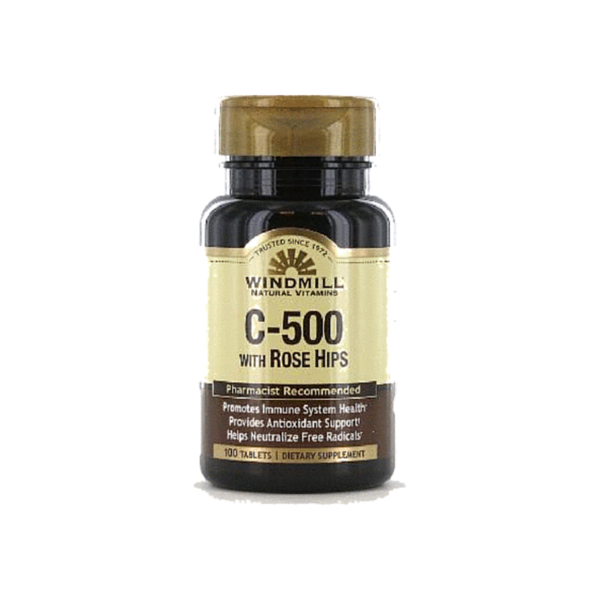 Windmill Vitamin C 500 tablets, vitamin supplement in a bottle from Pasteur Pharmacy, displayed with the product label visible.