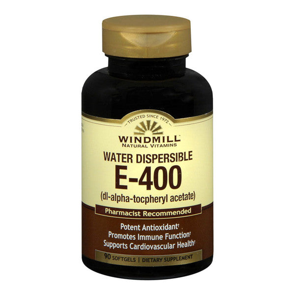 Windmill Vitamin E-400 Softgels by Pasteur Pharmacy, water dispersible vitamin supplement in a bottle of 90 soft gels.