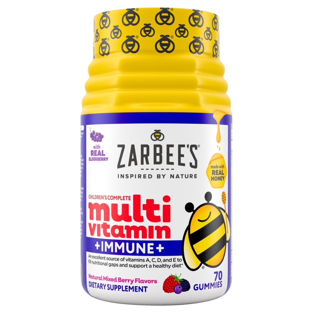 Zarbee's Children’s Multivitamin + Immune Support mixed berry gummies in a bottle, providing vitamins and immune support for kids