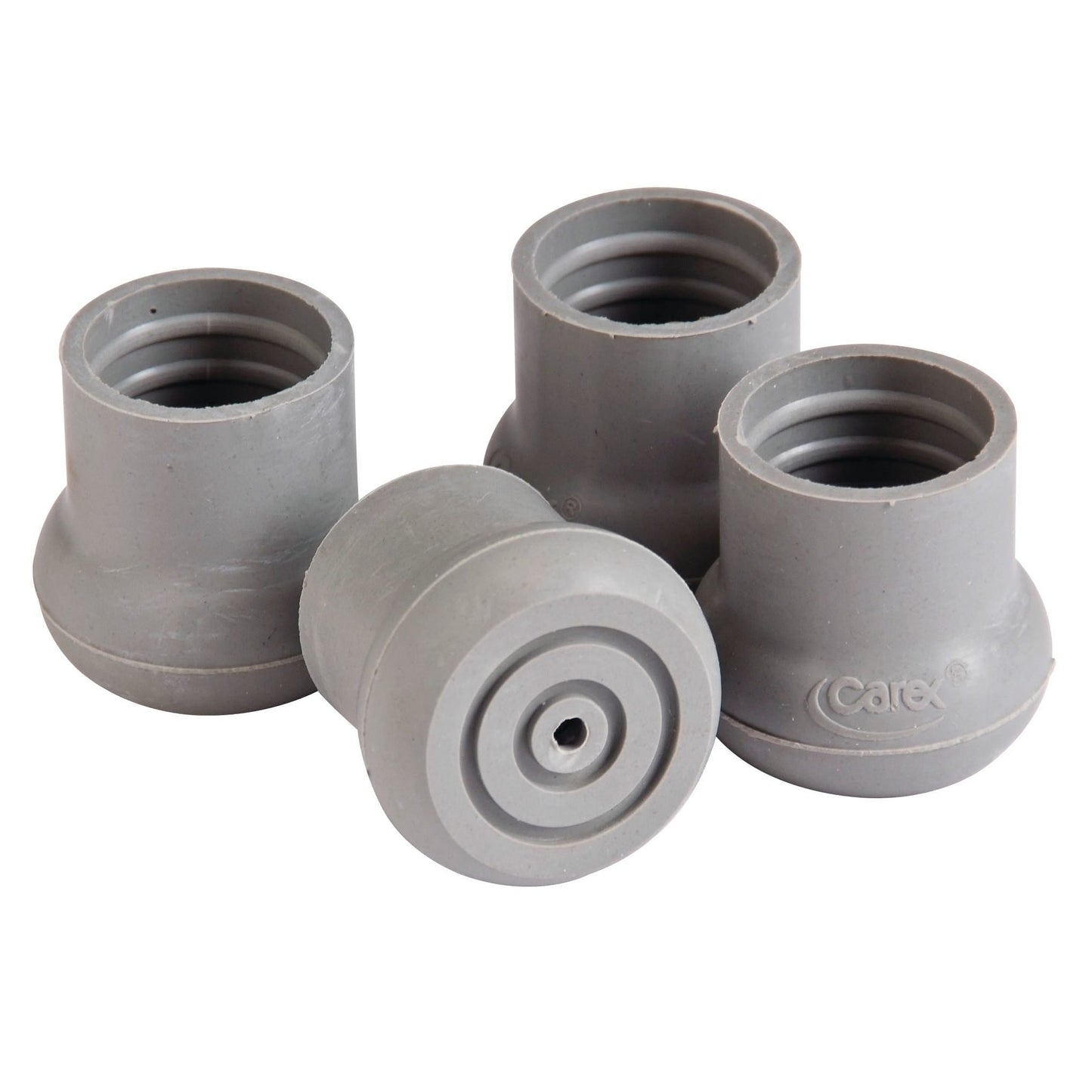 Carex universal tips for walkers, bath and shower seats, shown attached to a walker handle with textured grip for safety and stability.