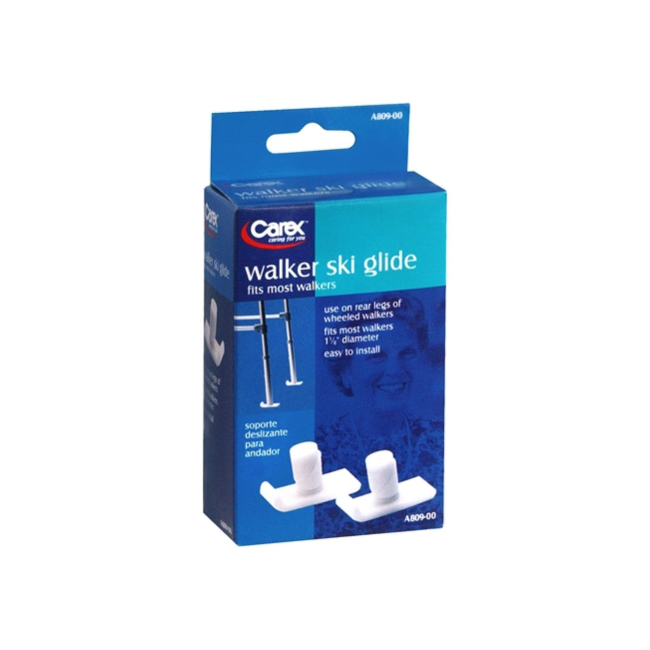 Carex Walker Ski Glides attached to a mobility walker, designed to reduce friction on hard surfaces for easier movement.