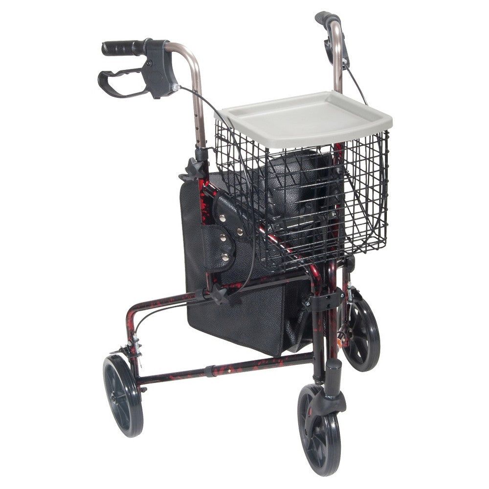 Drive Medical 3-wheel walker rollator in flame red with basket, tray, and pouch for easy mobility and support.