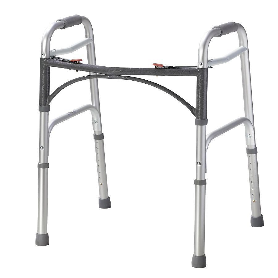 Drive Medical Deluxe Folding Walker with two-button release, lightweight aluminum frame, and rubber tips for stability.