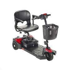Drive Medical Scout 3-wheel travel scooter with red and blue body and 20Ah extended range battery, designed for mobility.