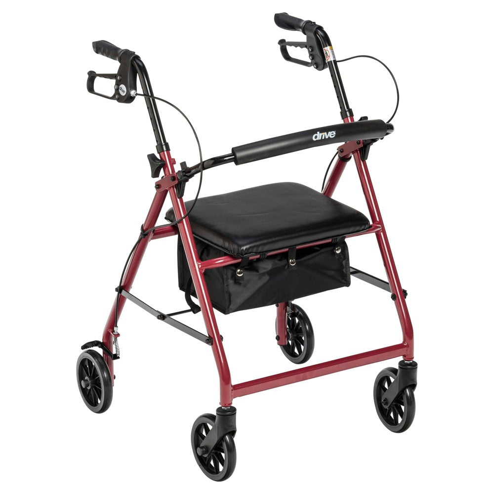 Red Drive Medical Walker Rollator with 6-inch wheels, fold-up back support, and padded seat for mobility assistance.