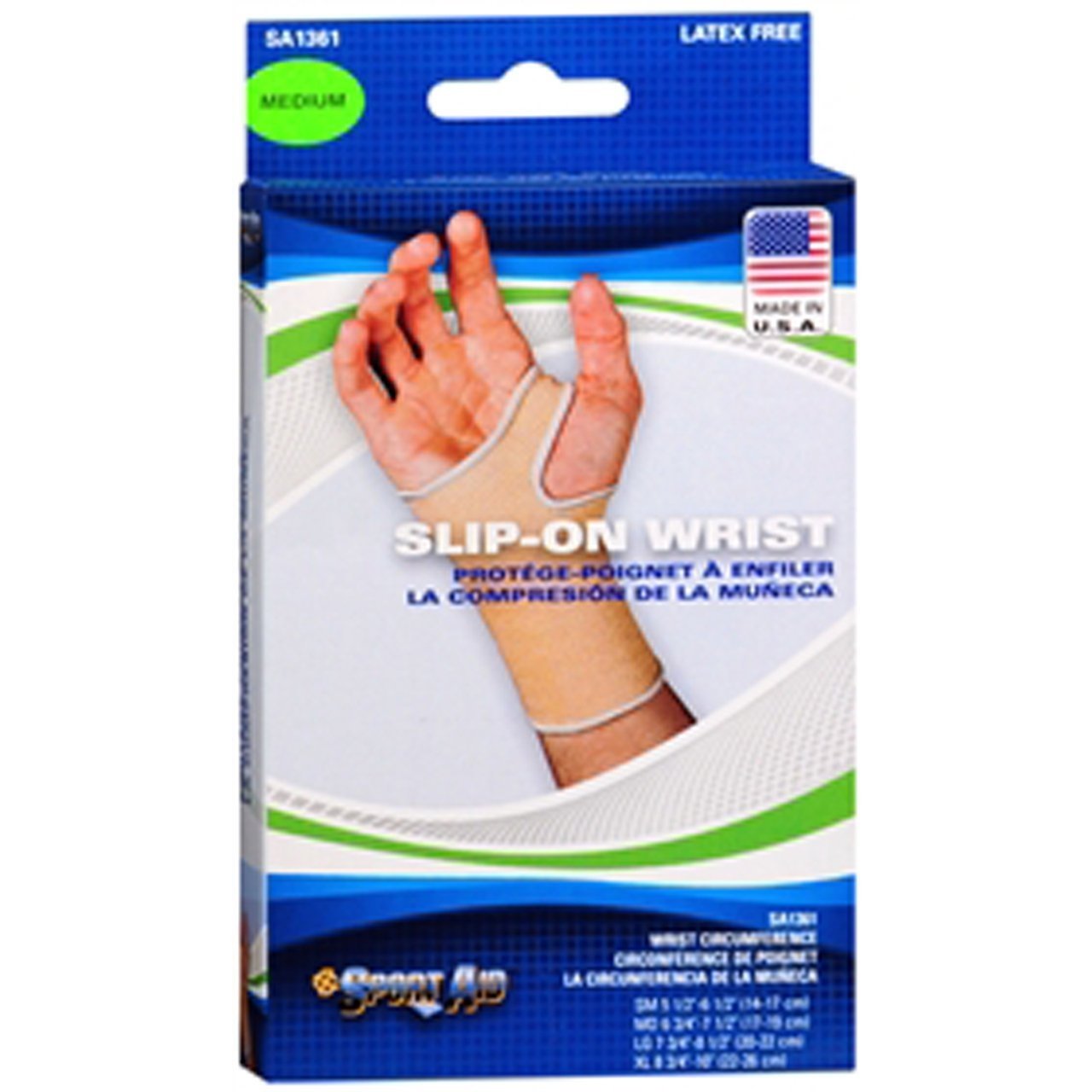 Beige Sport Aid slip-on wrist brace for support, medium size, designed to stabilize and protect the wrist during activity.