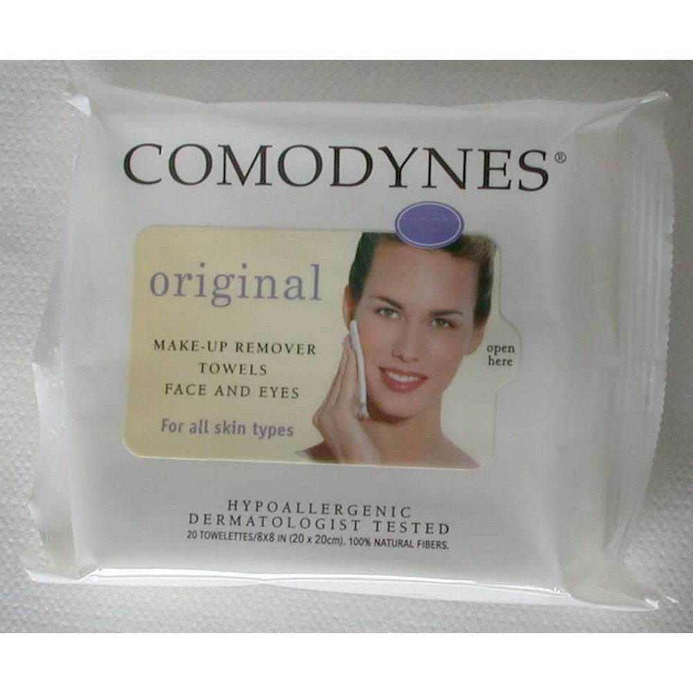 Comodynes Original Make Up Remover Towels in a 20-count pack, designed for gentle makeup removal and skincare.