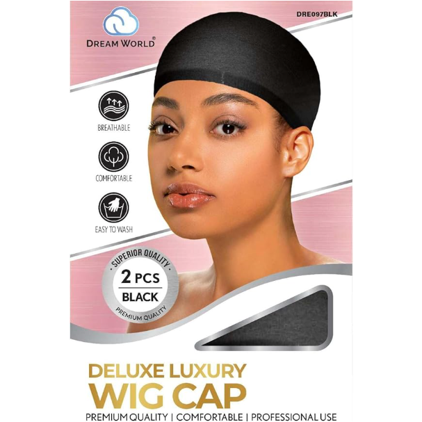Black Dream World Deluxe wig cap by Pasteur Pharmacy, stretchy and comfortable for secure wig fitting.