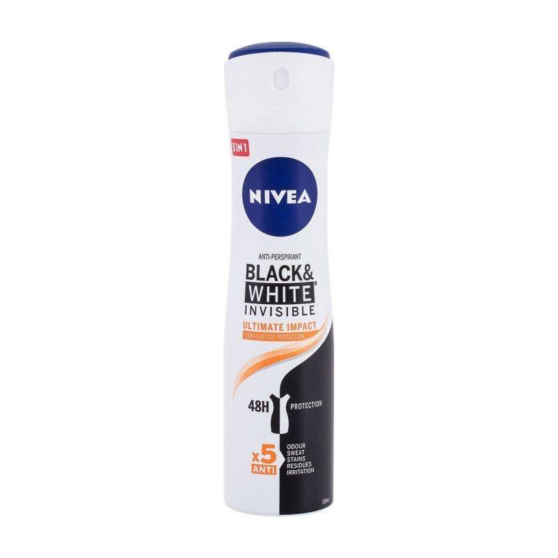 Nivea Women Black & White Invisible Antiperspirant Spray in 150ml bottle, providing 48-hour protection and odor control.