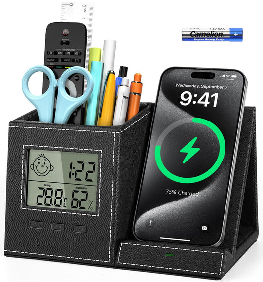 Multi-functional desk organizer with pen holder, wireless charger, digital thermometer, and humidity monitor for home and office use.