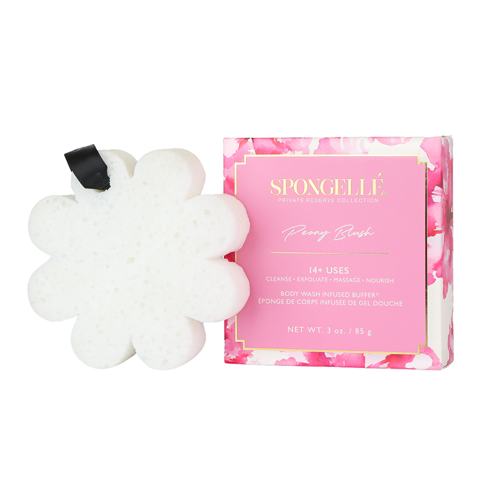 Spongellé Peony Blush Body Wash Infused Buffer with soft pink peony design for gentle cleansing and nourishing skin.