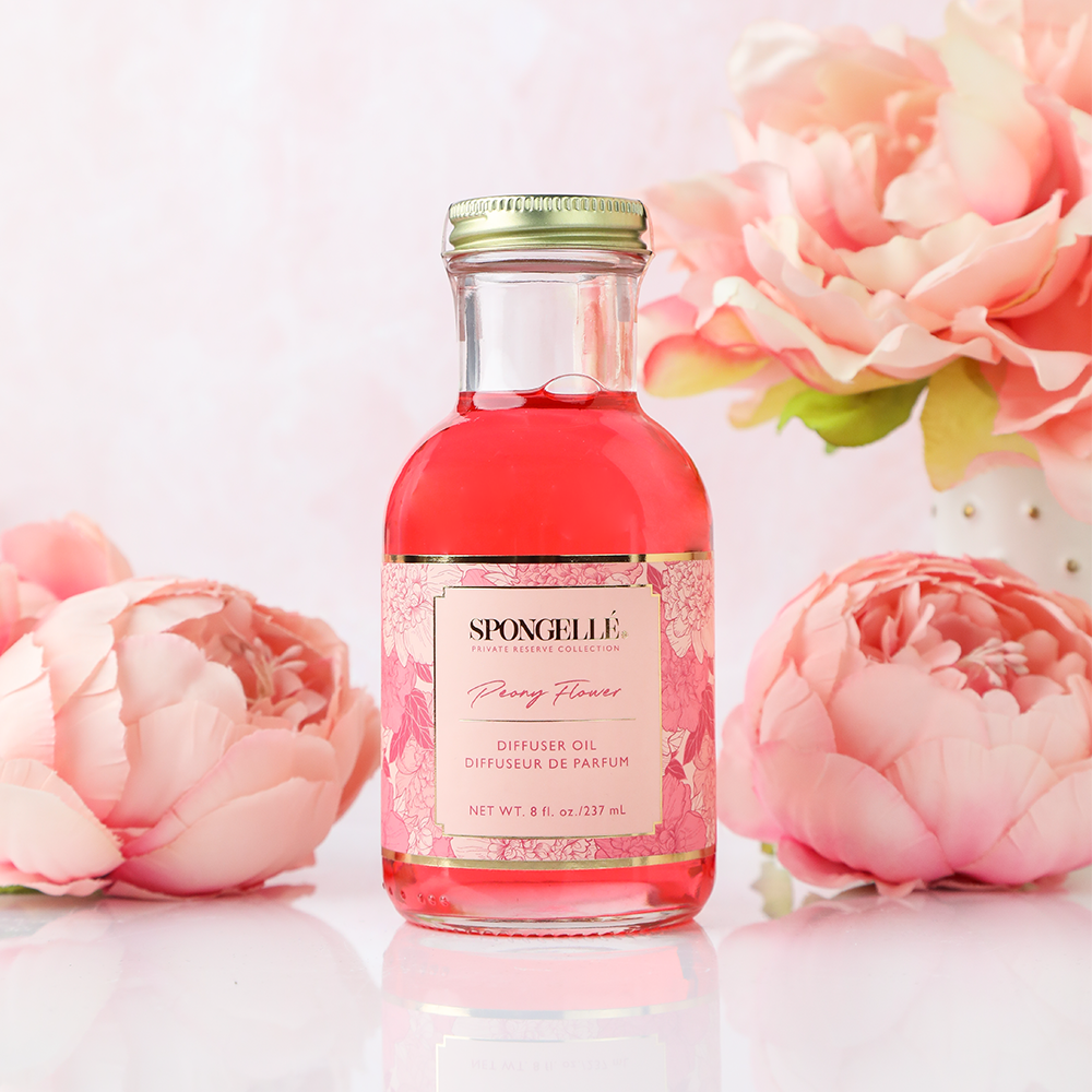 Spongellé Peony Flower Diffuser Oil from the Private Reserve Collection, a luxurious home fragrance with peony floral scent.