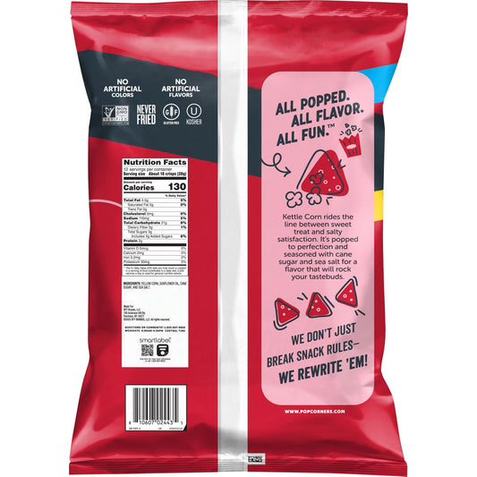 Bag of PopCorners Kettle Corn Popped Corn Chips, 12 oz, gluten-free snack with no artificial colors or flavors, featuring crunchy popped corn.
