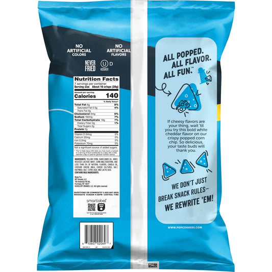 Bag of PopCorners White Cheddar Popped Corn Chips, 7 oz, featuring crispy popcorn chips with no artificial colors or flavors.