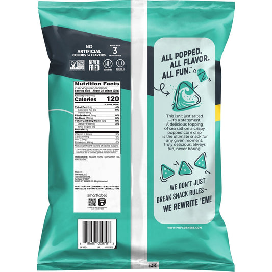 Bag of PopCorners Sea Salt Popped Corn Chips with no artificial colors or flavors, 7 oz, featuring golden, crispy popcorn chips.