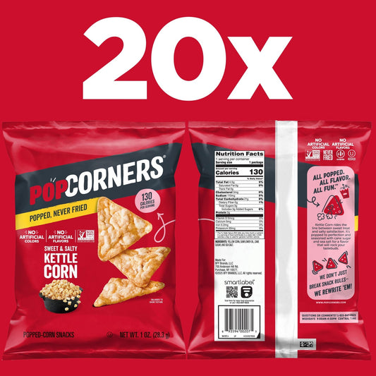 Bag of PopCorners Kettle Corn Popped Corn Chips with no artificial colors or flavors, 1 oz each, 20-pack.